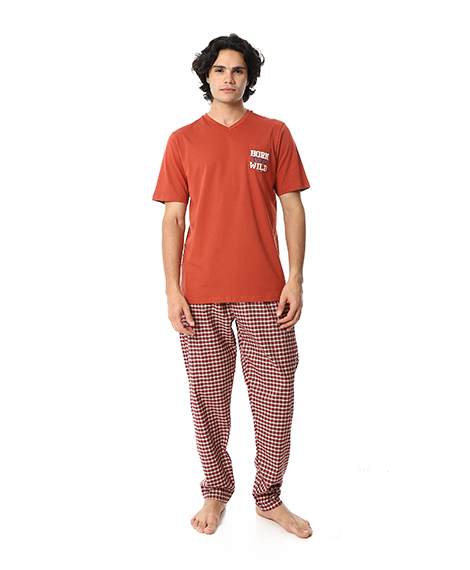 Men's Cotton Pajama Set – “Born Wild” V-Neck T-Shirt & Brown Checkered Pants