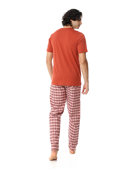 Men's Cotton Pajama Set – “Born Wild” V-Neck T-Shirt & Brown Checkered Pants