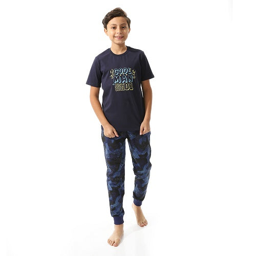 BoysCool Man Pajama Set - Graphic Tee and Camouflage Pants - Navy