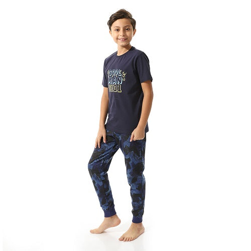 BoysCool Man Pajama Set - Graphic Tee and Camouflage Pants - Navy