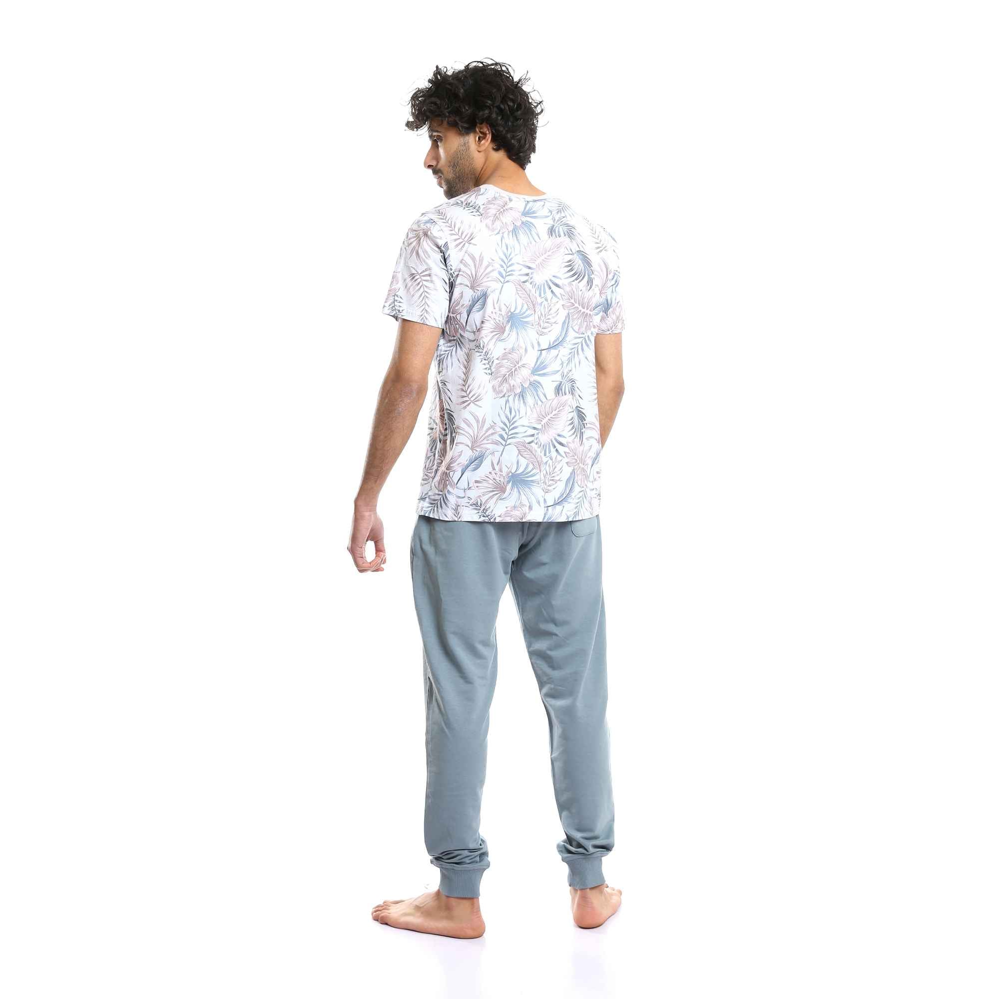 Mens Round Tropical Leaves Tee & Solid Pants Pajama Set - Aqua