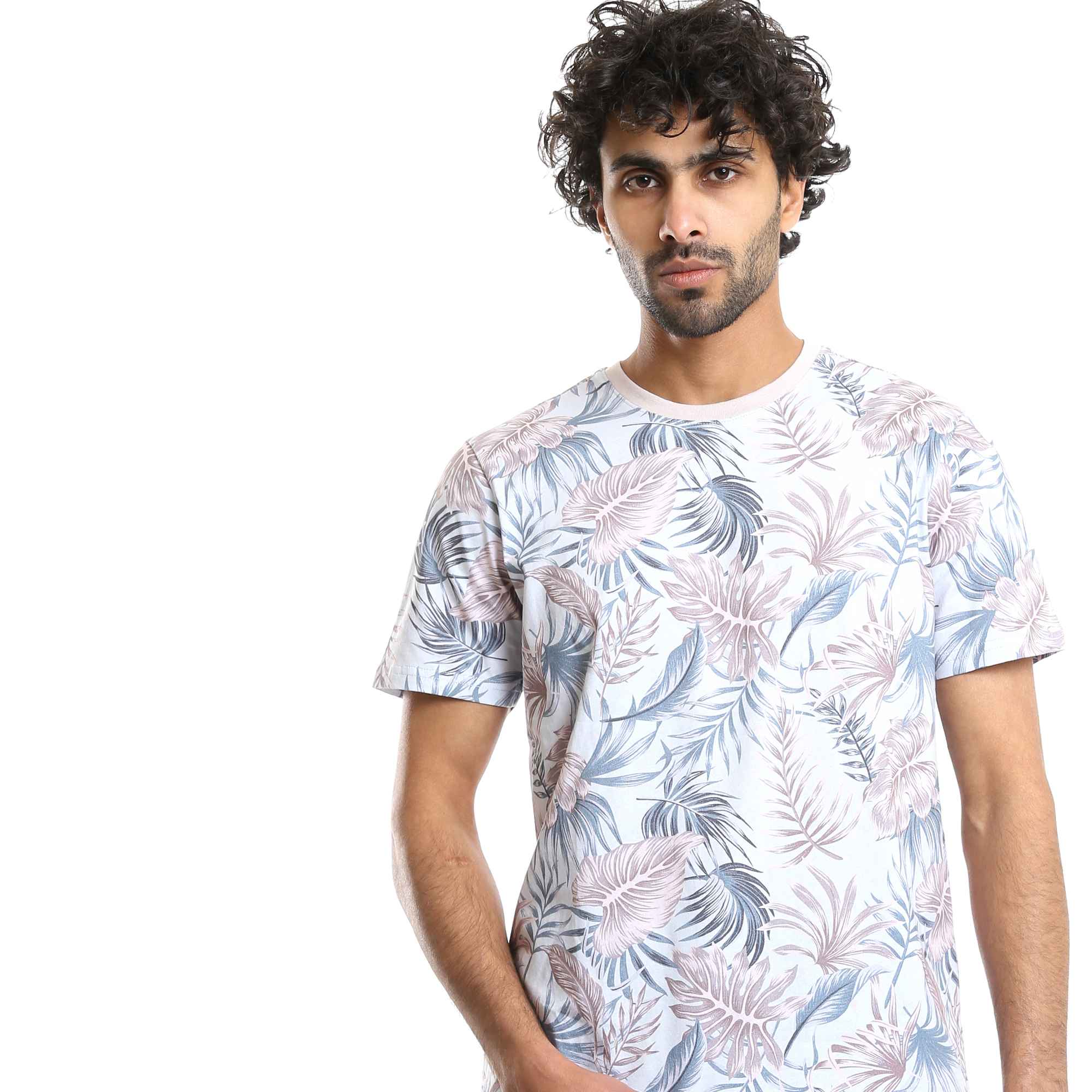 Mens Round Tropical Leaves Tee & Solid Pants Pajama Set - Aqua