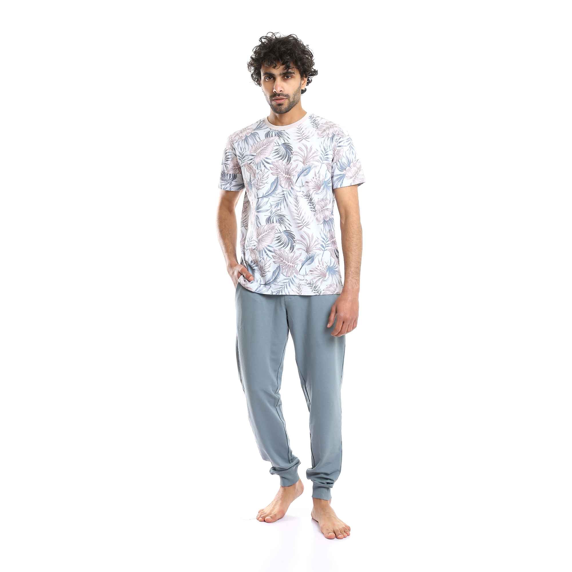 Mens Round Tropical Leaves Tee & Solid Pants Pajama Set - Aqua