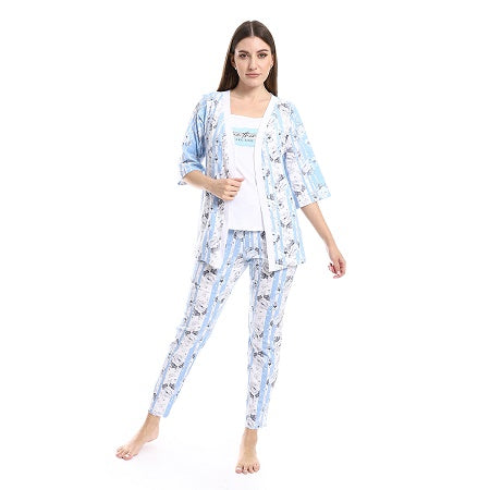 Womens 3-Piece Cotton Summer Pajama Set, Soft and Comfy - Blue