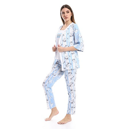 Womens 3-Piece Cotton Summer Pajama Set, Soft and Comfy - Blue
