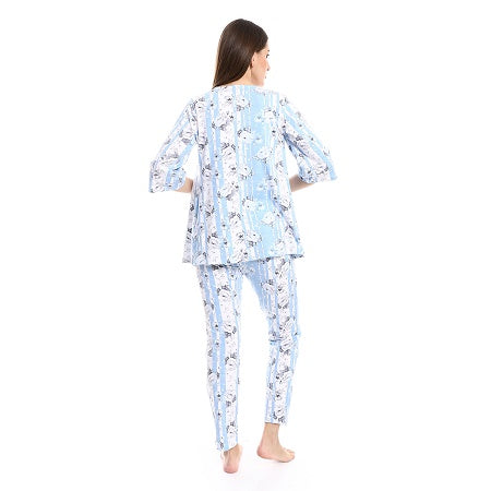 Womens 3-Piece Cotton Summer Pajama Set, Soft and Comfy - Blue
