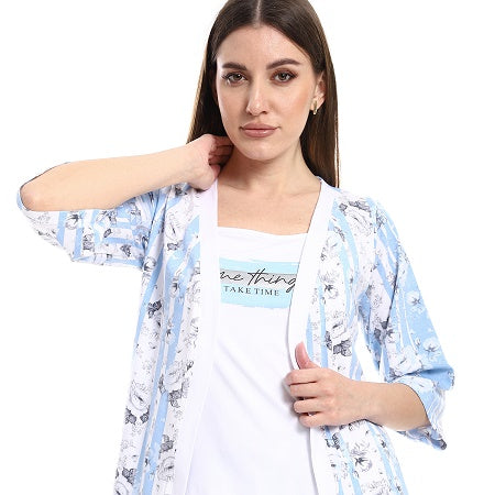 Womens 3-Piece Cotton Summer Pajama Set, Soft and Comfy - Blue