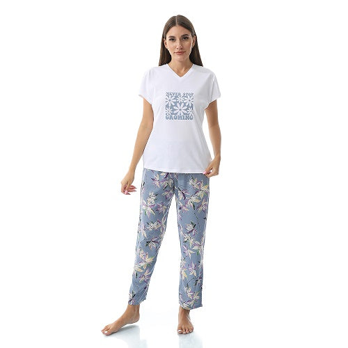 Womens Summer Sleepwear Set - Comfy Short Sleeve T-Shirt And Floral Viscose Pajama Pants