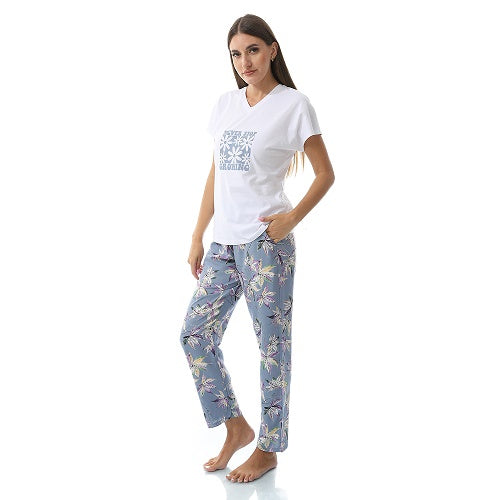 Womens Summer Sleepwear Set - Comfy Short Sleeve T-Shirt And Floral Viscose Pajama Pants