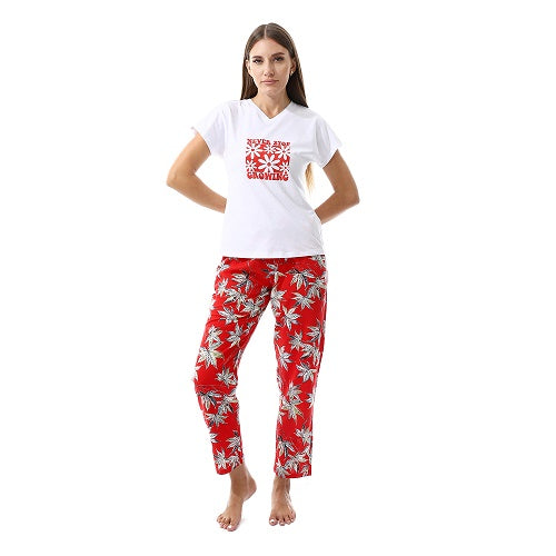 Womens Summer Sleepwear Set - Comfy Short Sleeve T-Shirt and Floral Viscose Pajama Pants