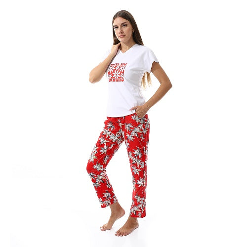 Womens Summer Sleepwear Set - Comfy Short Sleeve T-Shirt and Floral Viscose Pajama Pants