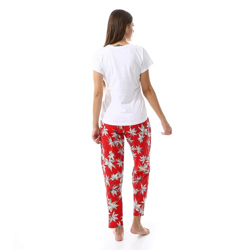 Womens Summer Sleepwear Set - Comfy Short Sleeve T-Shirt and Floral Viscose Pajama Pants