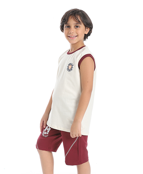Boys' Summer Sports Set – White T-Shirt & Printed Dark Red Shorts