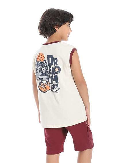 Boys' Summer Sports Set – White T-Shirt & Printed Dark Red Shorts