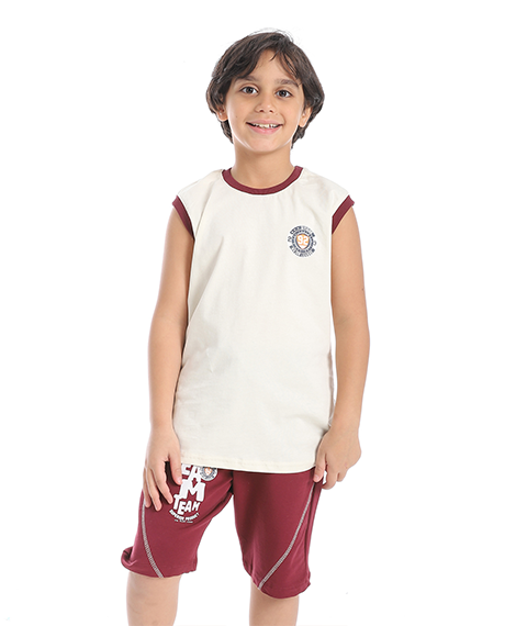 Boys' Summer Sports Set – White T-Shirt & Printed Dark Red Shorts
