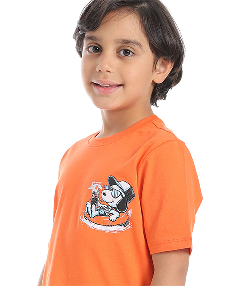Boys' Active Summer Pajama Set – Orange T-Shirt & Printed Black Loose-Fit Pants