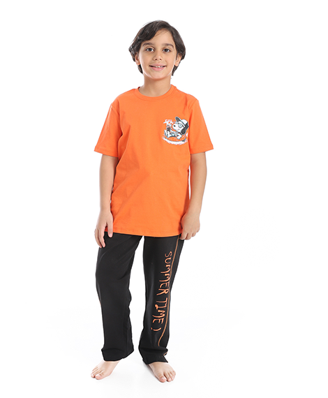Boys' Active Summer Pajama Set – Orange T-Shirt & Printed Black Loose-Fit Pants