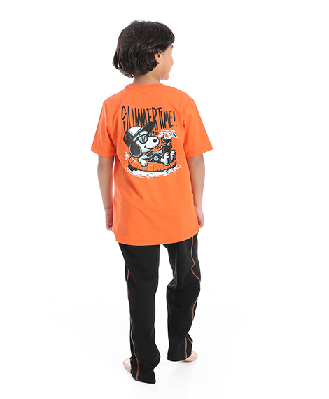 Boys' Active Summer Pajama Set – Orange T-Shirt & Printed Black Loose-Fit Pants