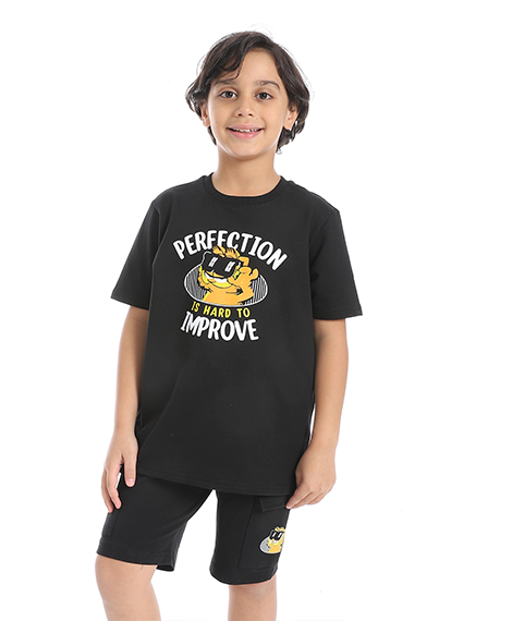 Boys' Summer 2-Piece Black Printed Shorts Set – Casual & Cool