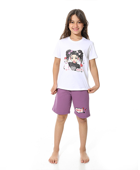 Girls’ Purple "Sweet" Printed Short Pajama Set