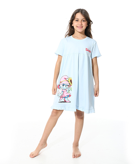 Girls Printed Short Sleeves Nightgown - Blue
