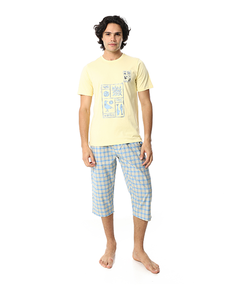 Men's Summer Pajama Set, Pantacourt & T-Shirt -Yellow