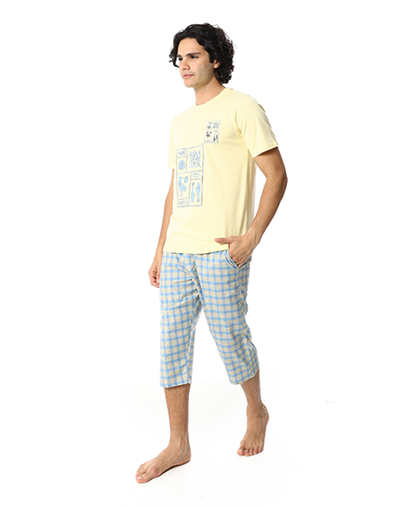Men's Summer Pajama Set, Pantacourt & T-Shirt -Yellow