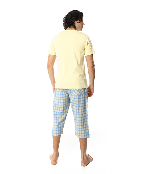 Men's Summer Pajama Set, Pantacourt & T-Shirt -Yellow