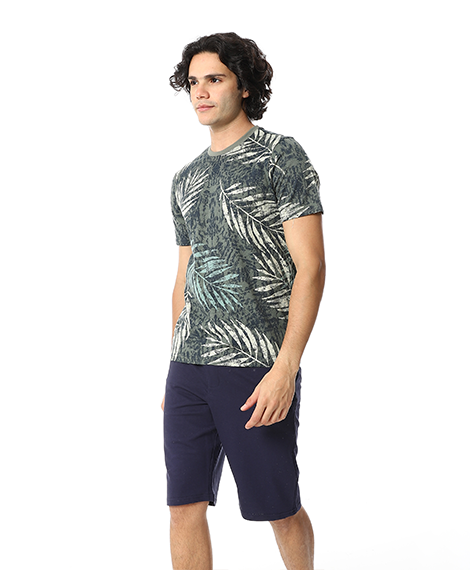 Olive Palm Leaves Tee & Solid Navy Shorts Pajama Set