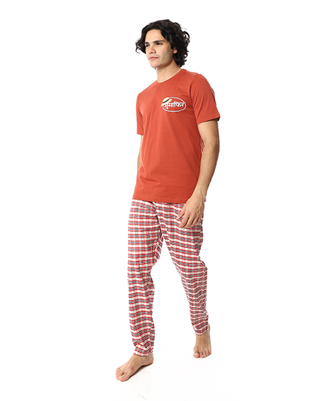 Men's Cotton Pajama Set – “Born Wild” V-Neck T-Shirt & Brown Checkered Pants
