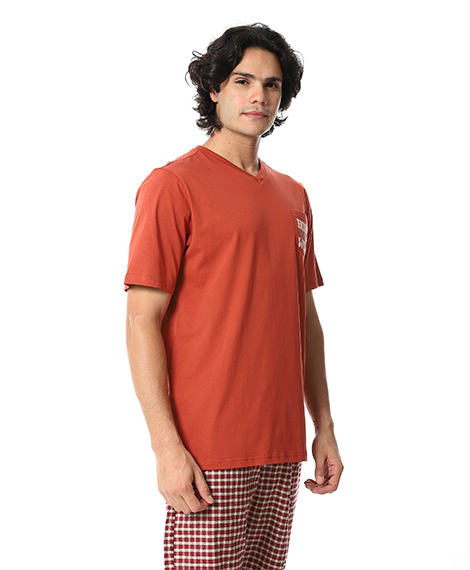 Men's Cotton Pajama Set – “Born Wild” V-Neck T-Shirt & Brown Checkered Pants