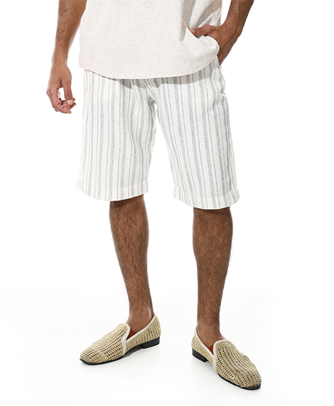 Men's White Linen Striped Shorts – Black Pinstripes, Lightweight & Breathable