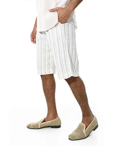 Men's White Linen Striped Shorts – Black Pinstripes, Lightweight & Breathable