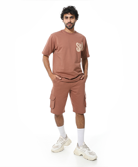 Men's Set Casual Cargo Shorts Set – Print T-Shirt - Brown