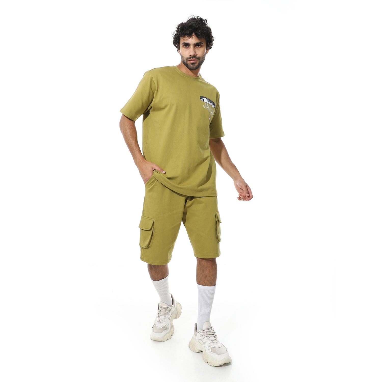 Men's Set Casual Cargo Shorts Set – Print T-Shirt