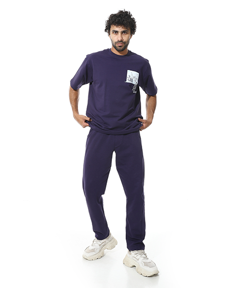 Men's Relaxed Fit Navy Lounge Set with Bold Side Print