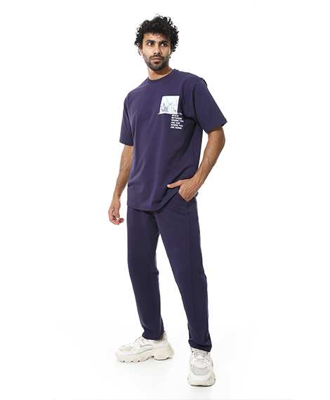 Men's Relaxed Fit Navy Lounge Set with Bold Side Print