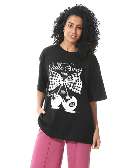 Women's Black T-shirt with White Cherry Bow Print
