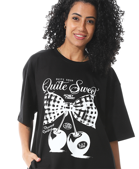 Women's Black T-shirt with White Cherry Bow Print