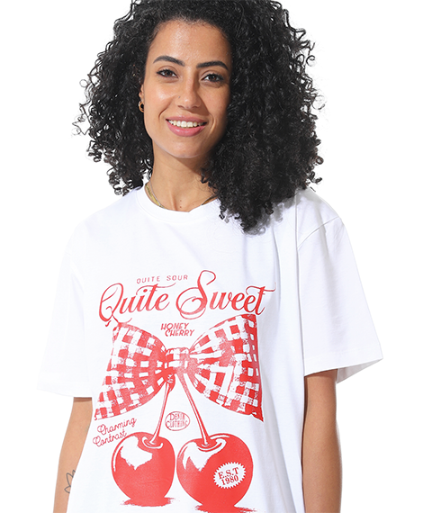Women's White T-shirt with Red Cherry Bow Print