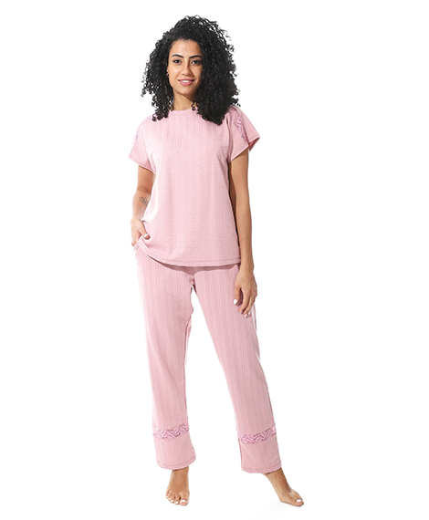 Elegant Summer Jacquard Pajama Set with Lace Detailing - Kashmir