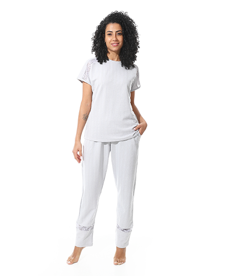 Elegant Summer Jacquard Pajama Set with Lace Detailing - Silver