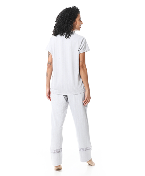 Elegant Summer Jacquard Pajama Set with Lace Detailing - Silver