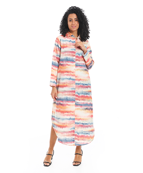 Elegant Striped Maxi Shirt Dress - Orange