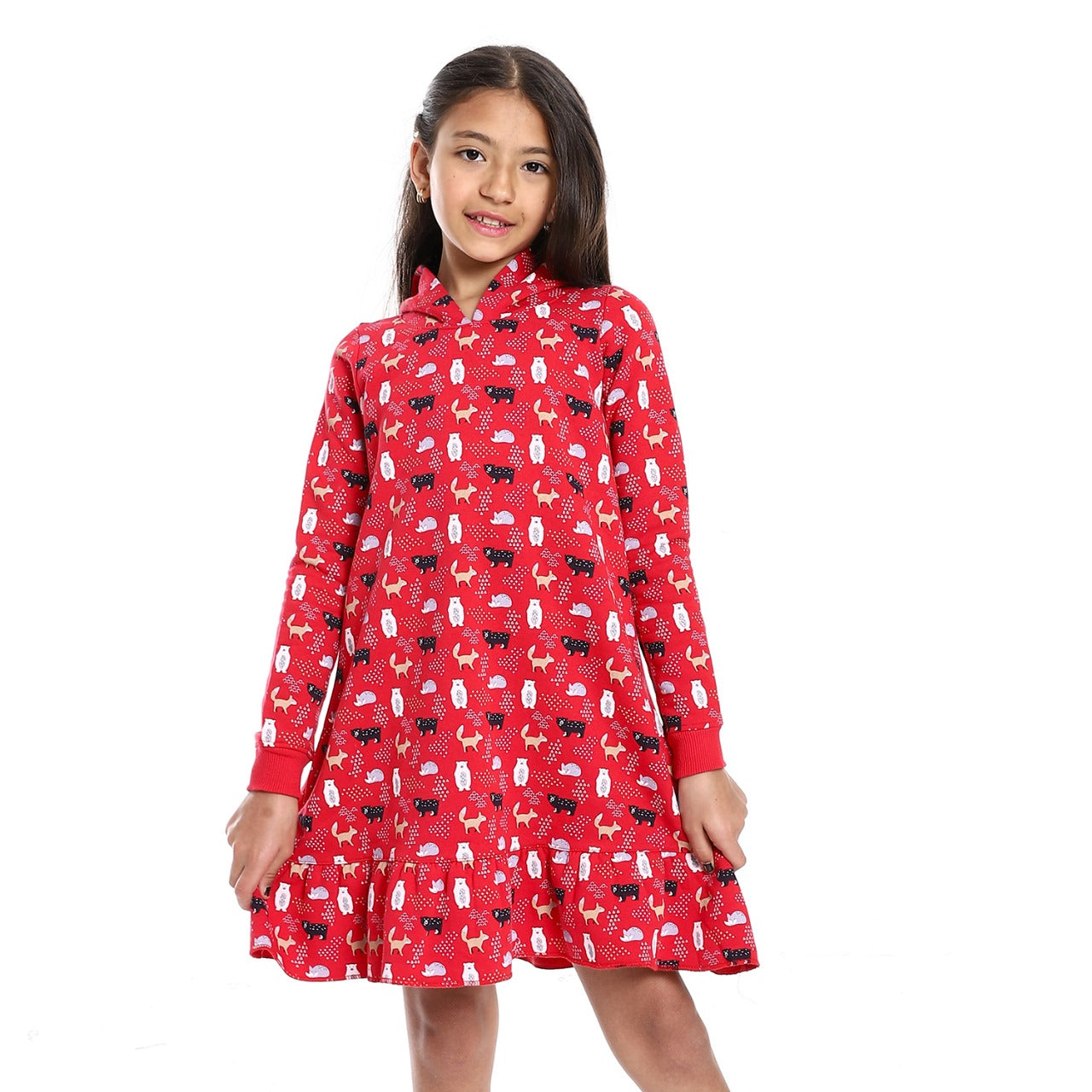 GirlsWinter Red Long-Sleeve Printed Dress