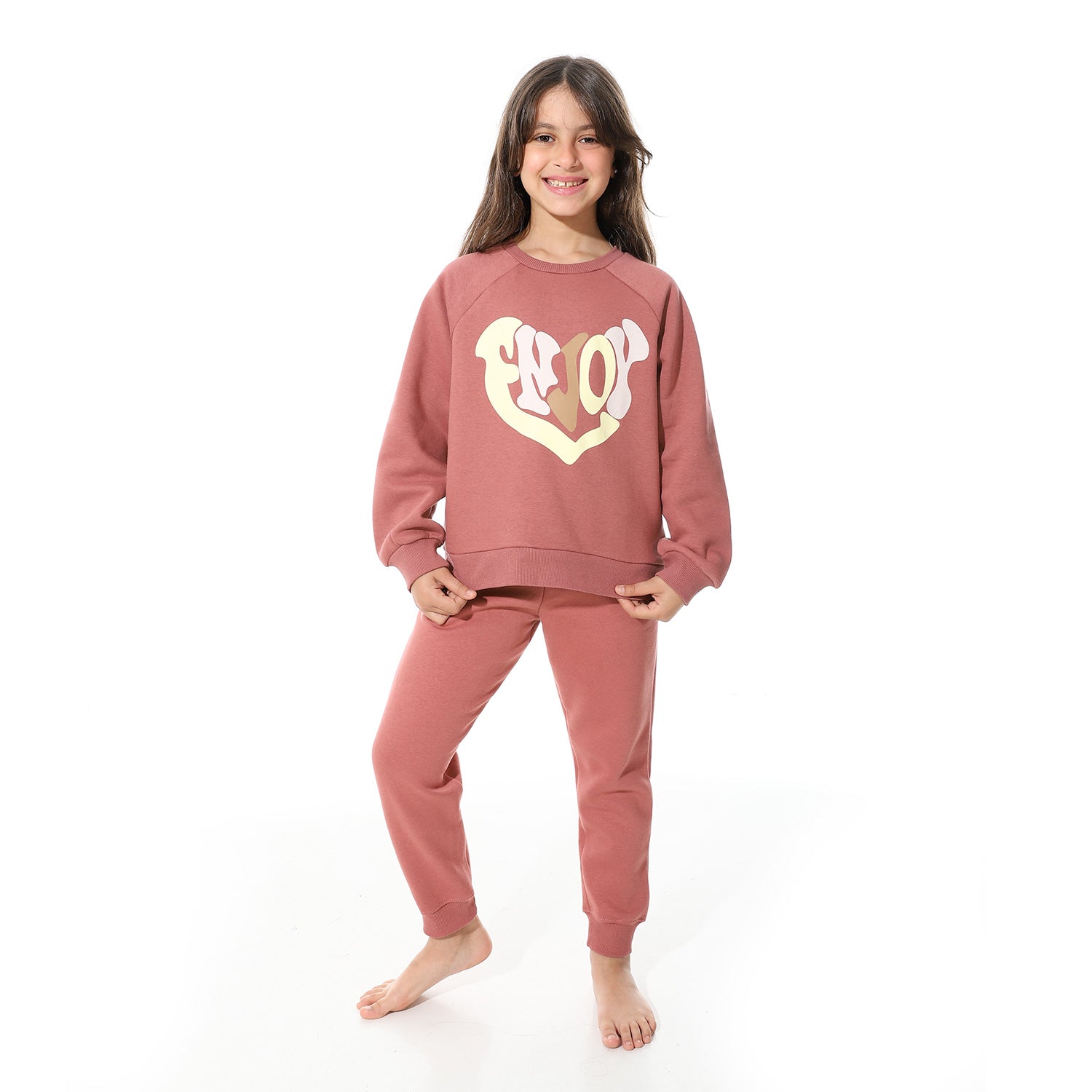 Girls' Cozy Two-Piece Lounge Set – Mauve with "Enjoy" Heart Print