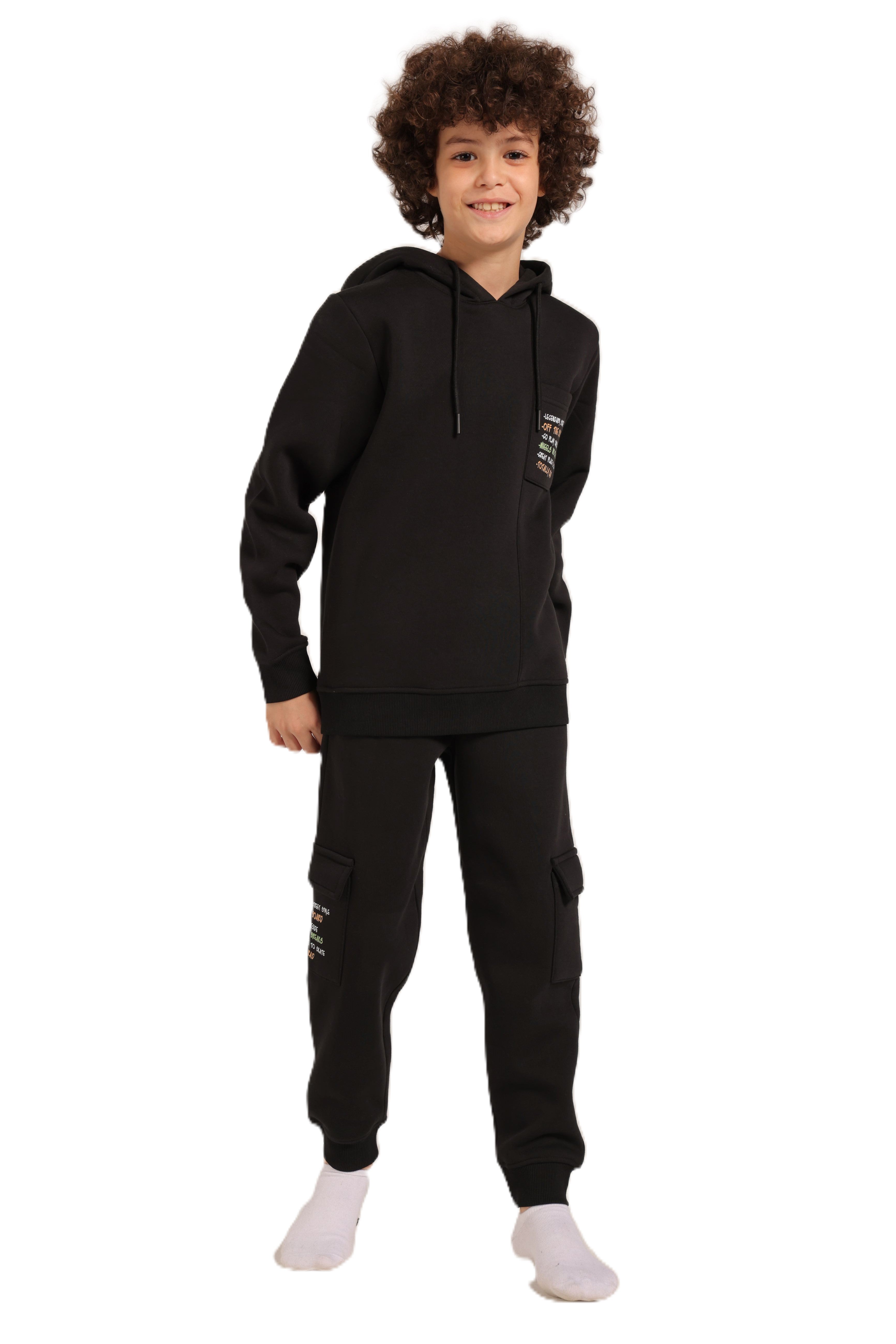 Boys’ Black Hoodie & Cargo Jogger Set – Street Style Comfort