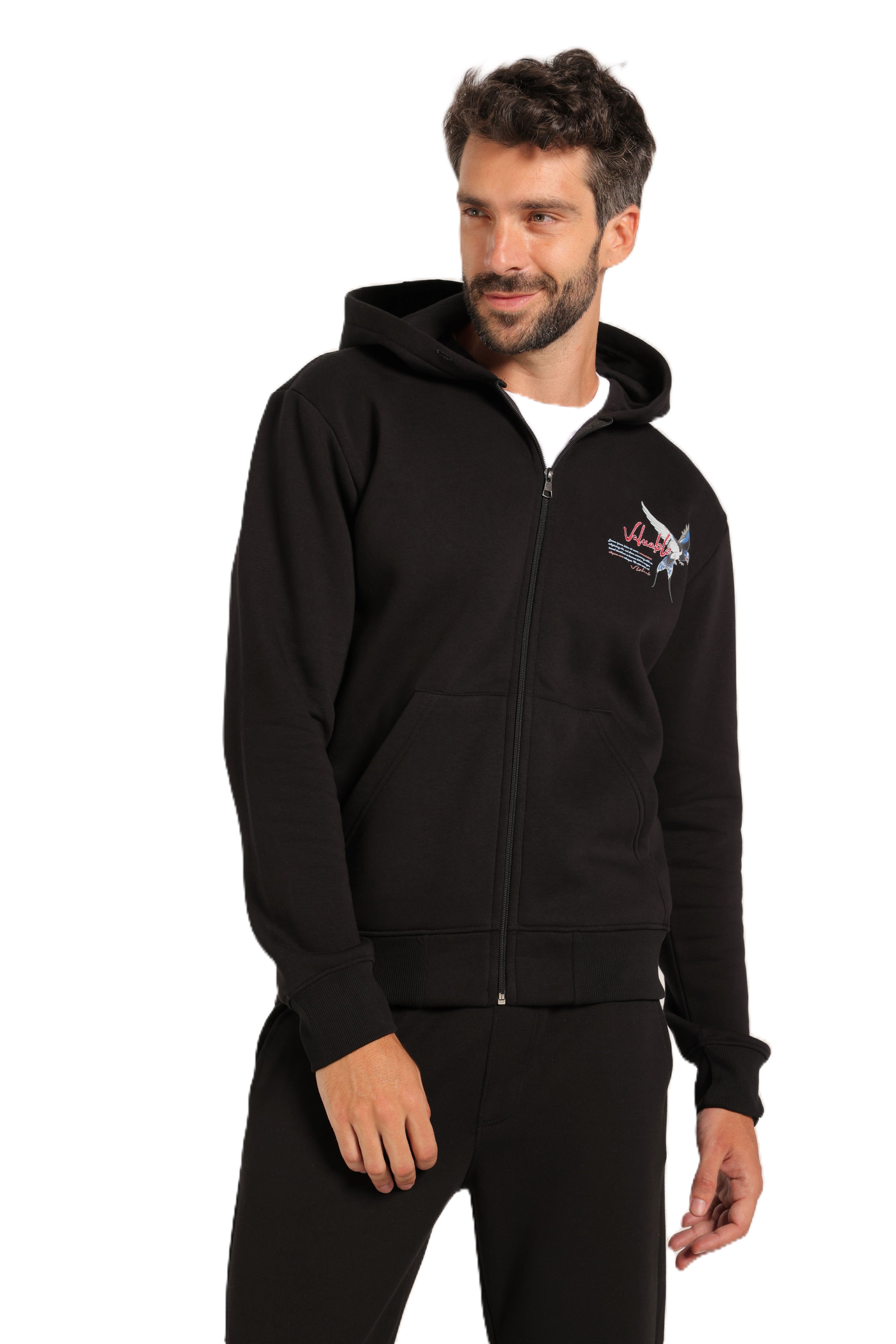 Men’s Black Zip-Up Hoodie with Embroidered Back Design