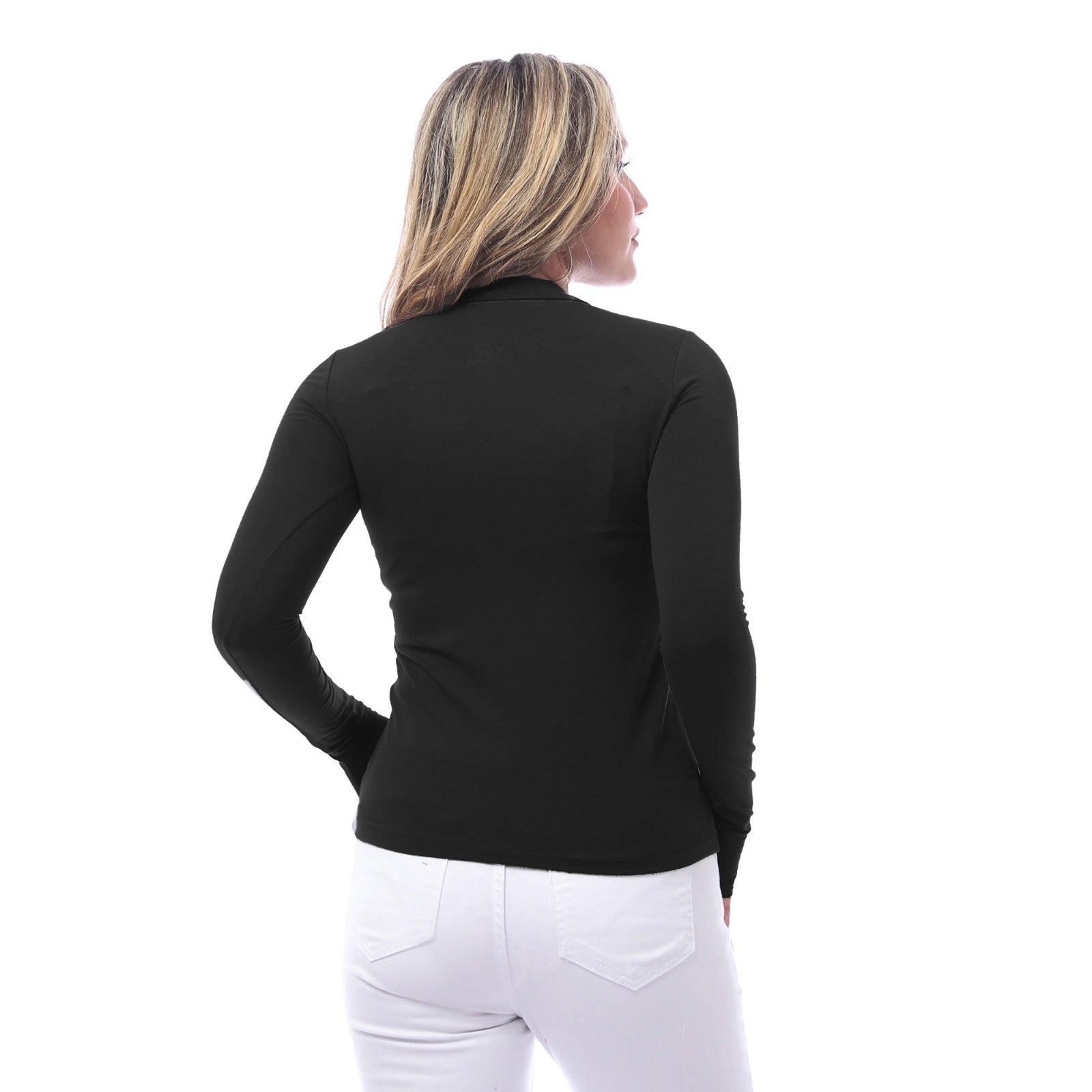تي شيرت نسائي بأكمام طويلة ورقبة عالية - أسود