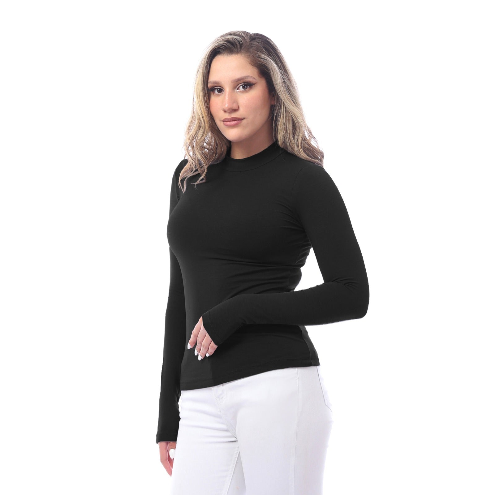 تي شيرت نسائي بأكمام طويلة ورقبة عالية - أسود